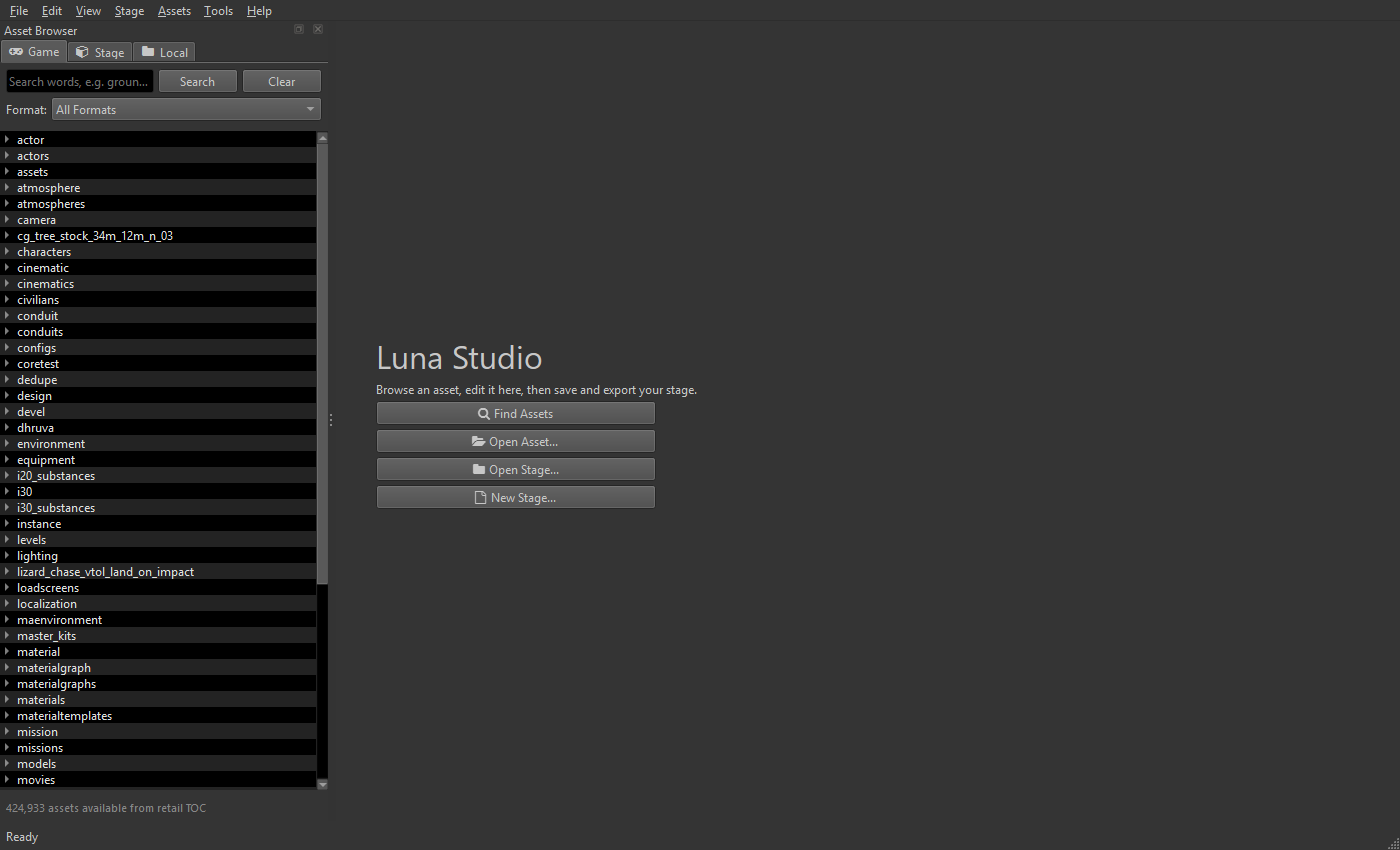 Luna Tools main window showing the Asset Browser on the left and the welcome screen in the center